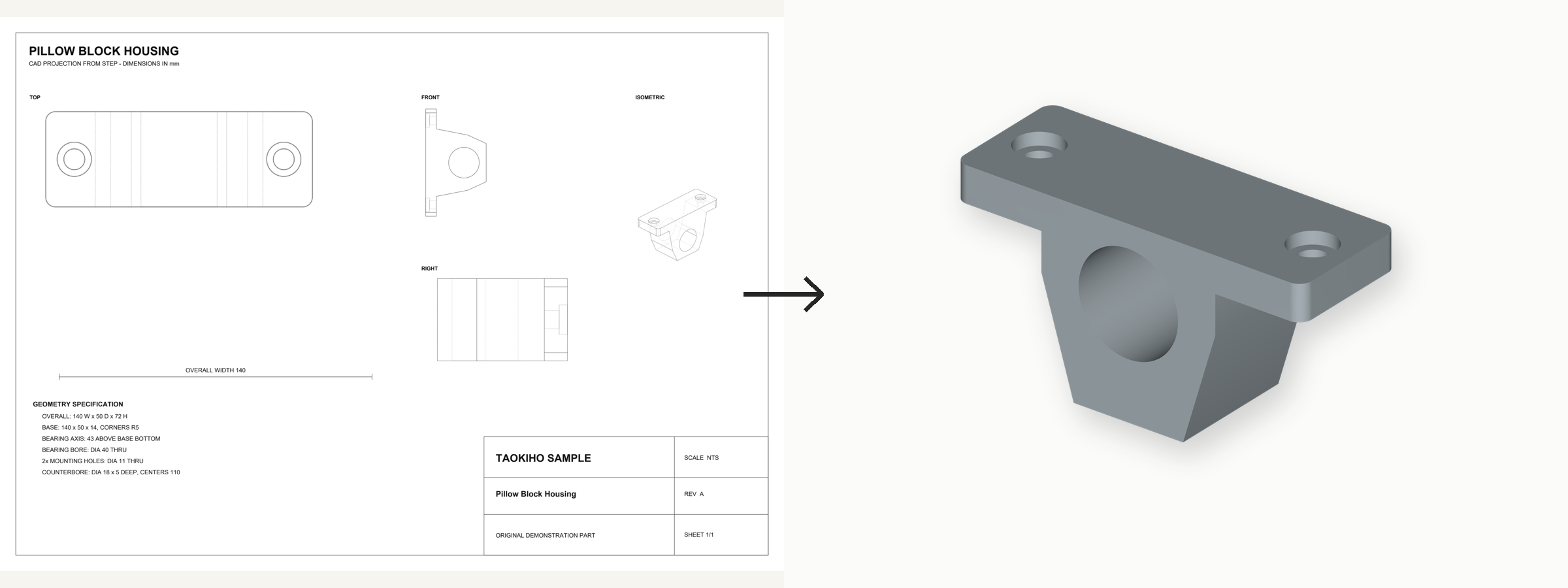 A conversion example showing a pillow block housing drawing beside its 3D model